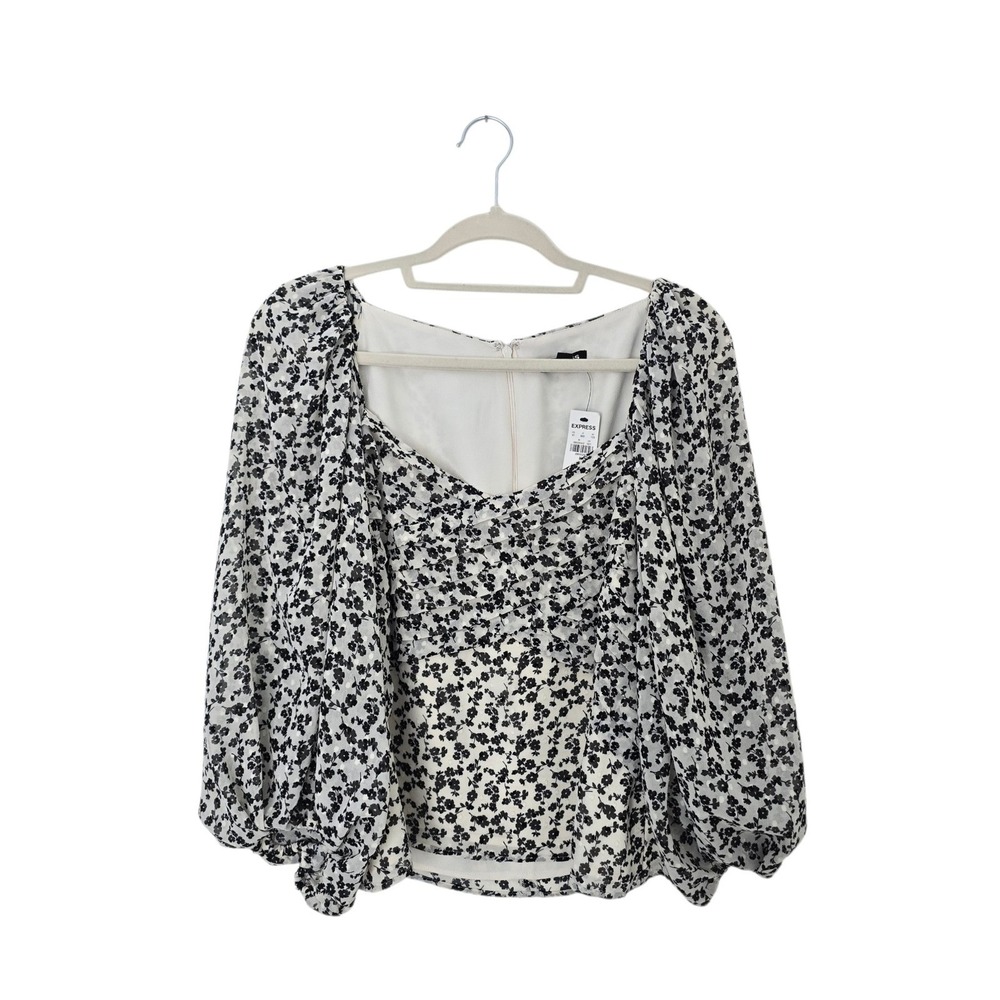 Express Floral Balloon Sleeve Blouse Women Medium Black White New Square‎ Neck